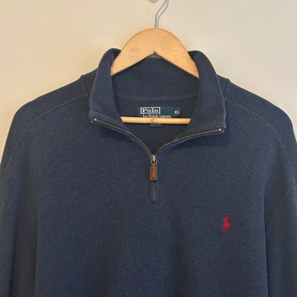 Polo Ralph Lauren Mens Navy Blue Ribbed 1/4 Quarter Zip‎ Mens XL Cotton Sweater